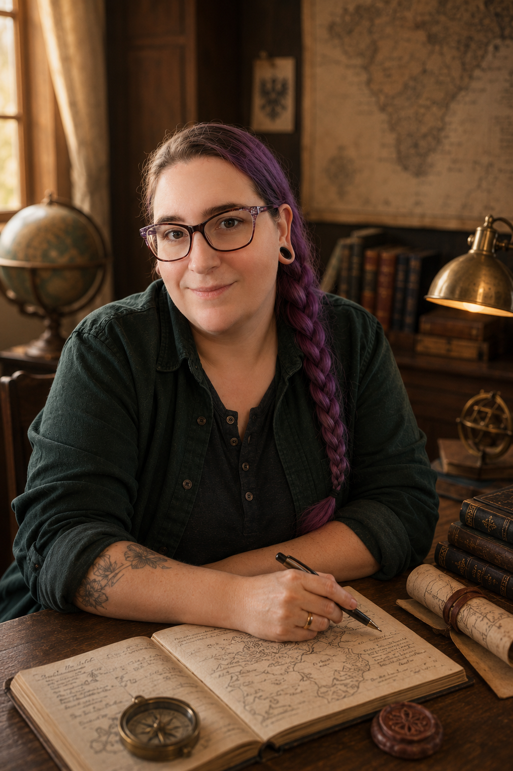 Epic fantasy author J.R. Corvane at a writing desk